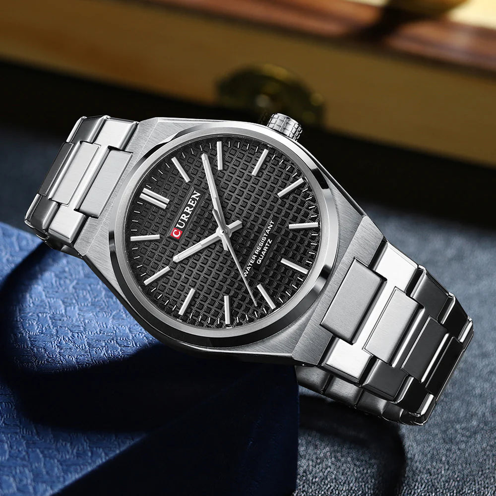Curren M:8439 Black Dial Silver Steel Chain Analog Quartz Men's Watch