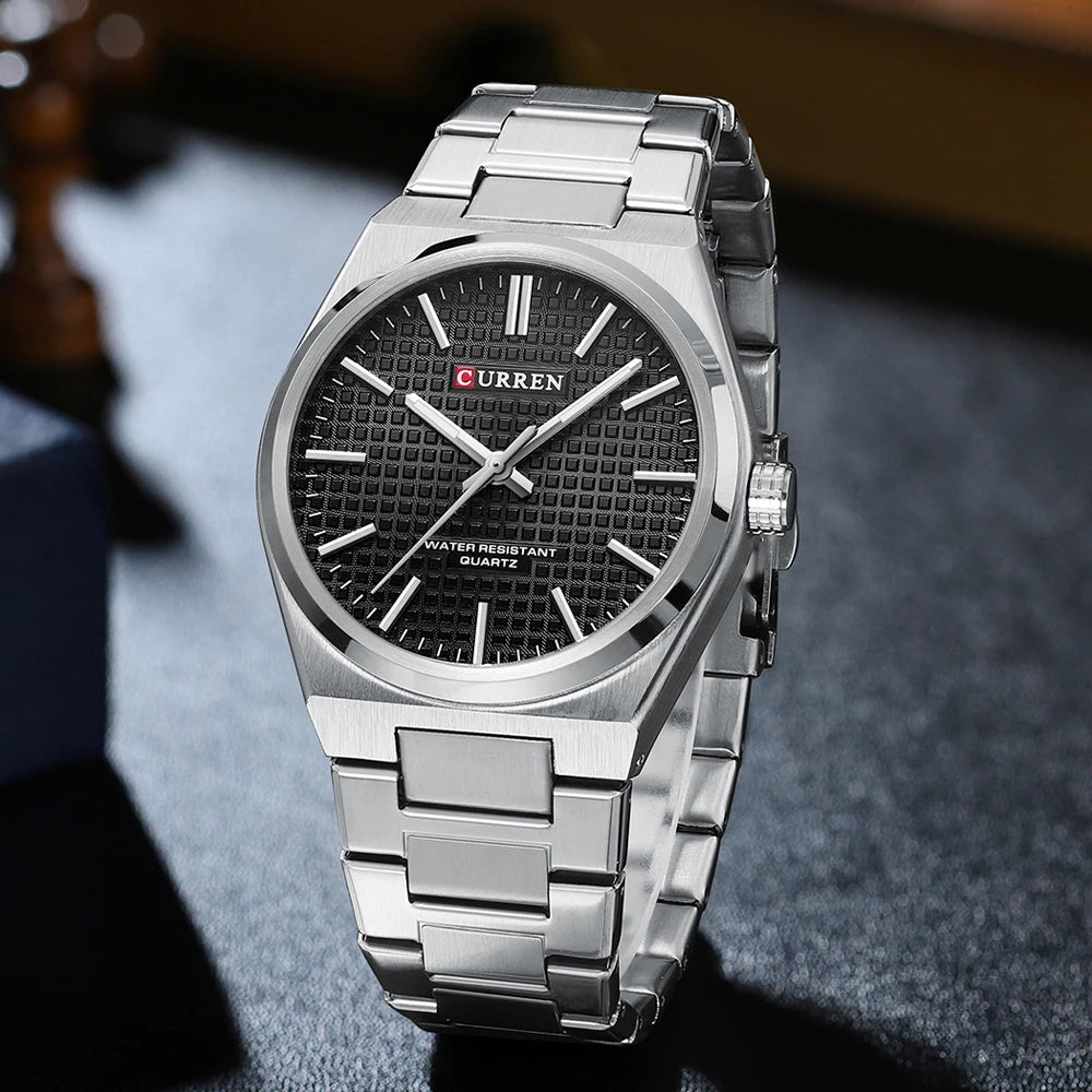 Curren M:8439 Black Dial Silver Steel Chain Analog Quartz Men's Watch