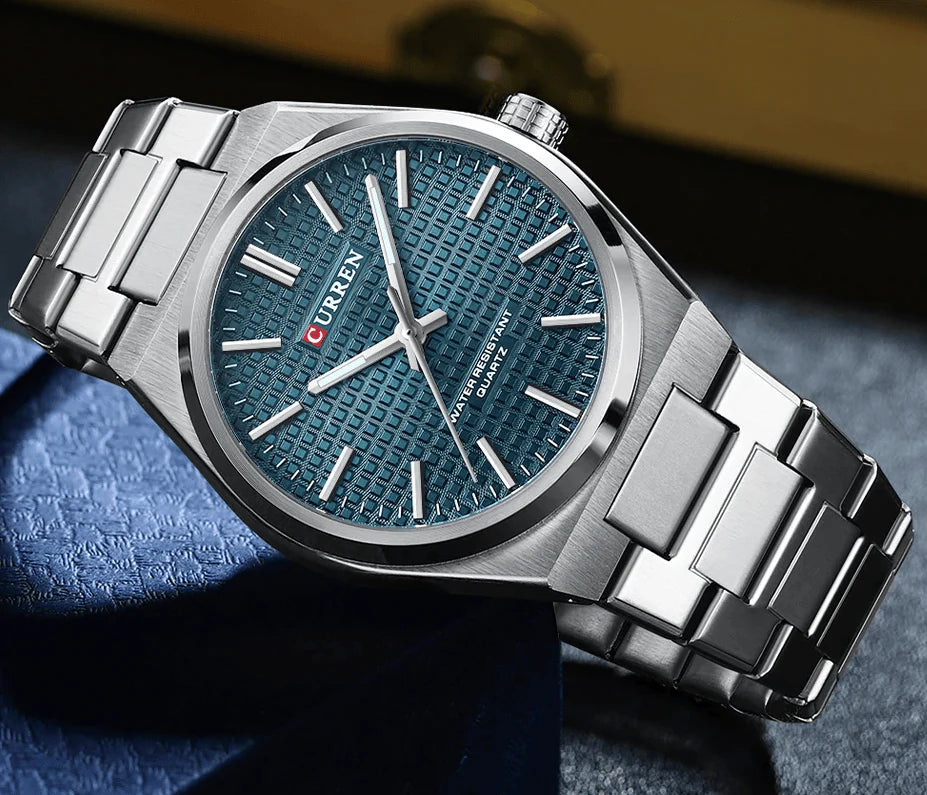 Curren M:8439 Silver-Blue Dial Silver Steel Chain Analog Quartz Men's Watch
